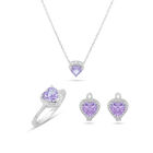 Juego De Anillo Arracadas Y Gargantilla De Corazon Plata Blanca 925 Con Zirconias Blancas Y Moradas