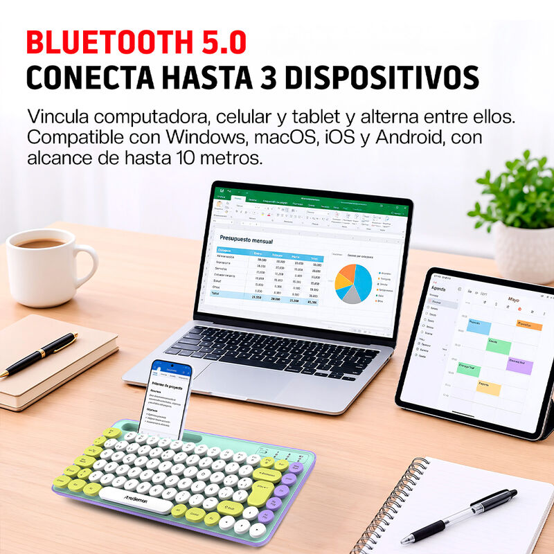 Teclado Inal&aacute;mbrico Bluetooth Retro M&aacute;quina De ... image number null