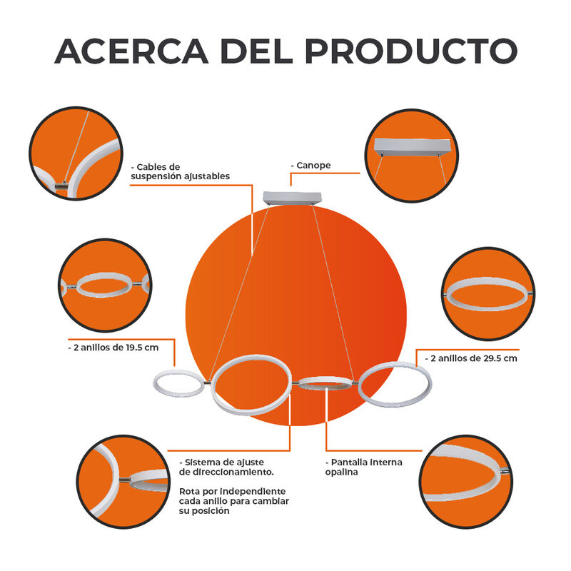 L&aacute;mpara Colgante LED 4 Anillos 33 W, 1.50 m de ... image number null