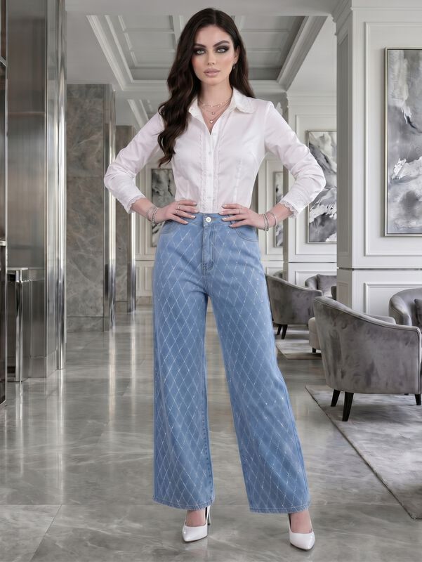Jeans Wide Leg Mujer Con Brillos Mezc-1008 Azul... image number null