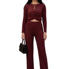 Conjunto 2 Piezas Acanalado, Blusa Manga Larga Y Pantal&oacute;n Recto C&oacute;modo Conj-0104 Vino Look Casual Elegante Para Mujer