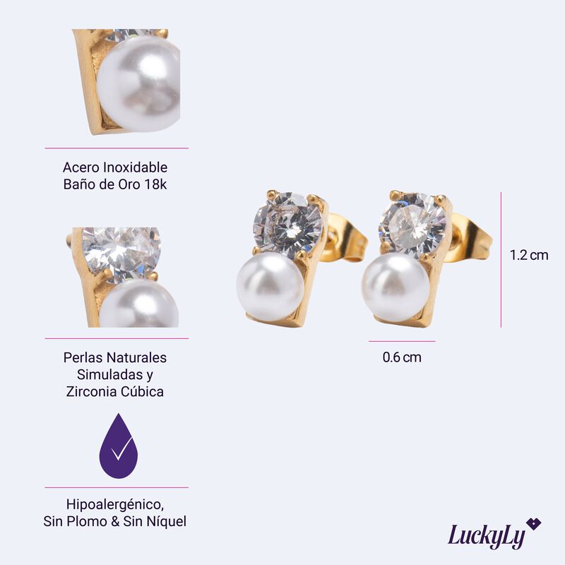 Aretes Mujer Perlas Joyer&iacute;a Acero Inoxidable Re... image number null