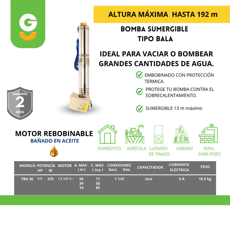 Igoto Tba36 Bomba Sumergible Tipo Bala 1/2 Hp image number null