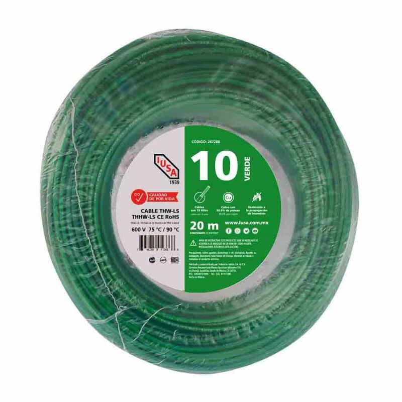 Cable Thhw-ls Rohs Calibre 10 Awg Verde 20m image number null