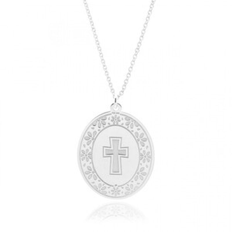 Medalla de Cruz de Plata Grande Con Cadena de P... image number null