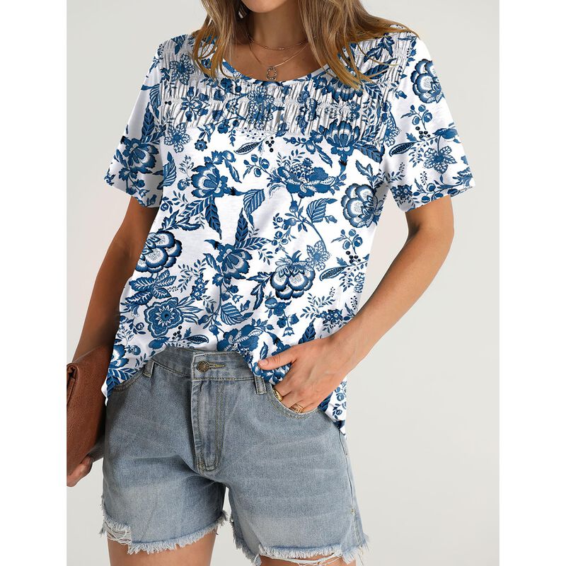 Camiseta Ofeefan Azul Floral, Cuello Redondo, P... image number null