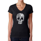 Camiseta De Cuello En V Word Art Para Mujer - Calavera Rock & Roll- Negro