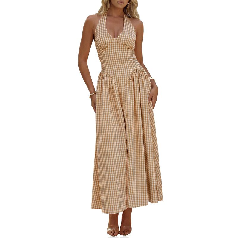 Vestido Maxi Wenrine Halter Cuadros Detalle Cor... image number null