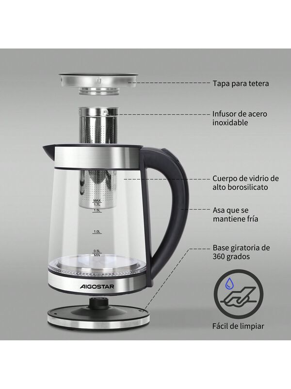 Aigostar Tetera El&eacute;ctrica de Vidrio Con Infusor... image number null