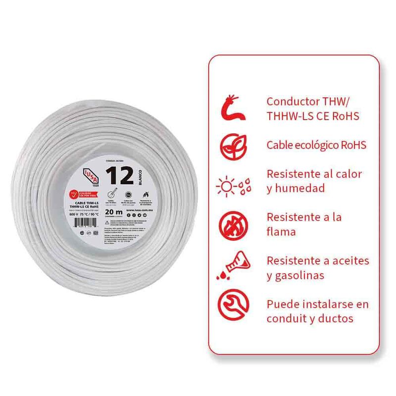 Cable Thhw-ls Rohs Calibre 12 Awg Blanco 20m image number null