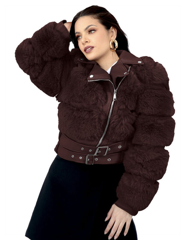 Chamarra Vinipiel Peluche Mujer Premium Caf&eacute; Ro... image number null
