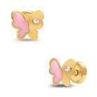 Broqueles De Mariposa En Oro Amarillo 14k Con Esmalte Rosa Y Zirconias