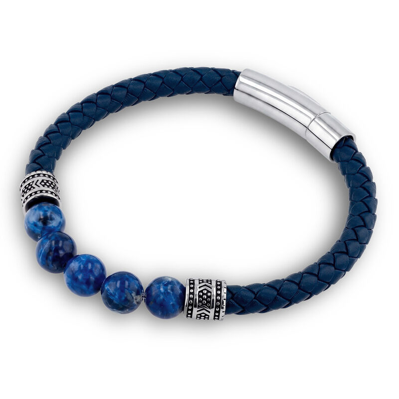 Pulsera De Acero Con Piel Y Cuentas En Color Az... image number null