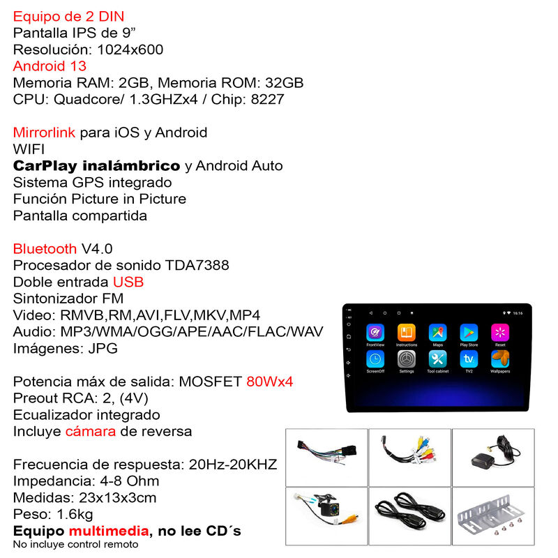 Autoestéreo Vak M709 2 Din 9" Android Carplay C... image number null