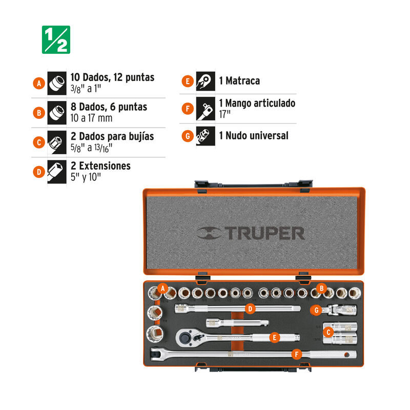 Juego de 25 Herramientas Cuadro 1/2' Std y Mm p... image number null