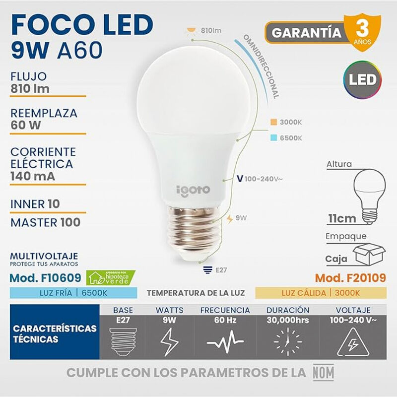 Paquete de 10 Focos Led A609w Luz Cálida image number null