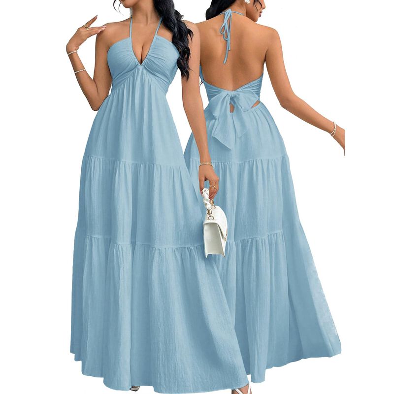 Vestido Narecte Maxi Escote Halter Corte A Azul... image number null