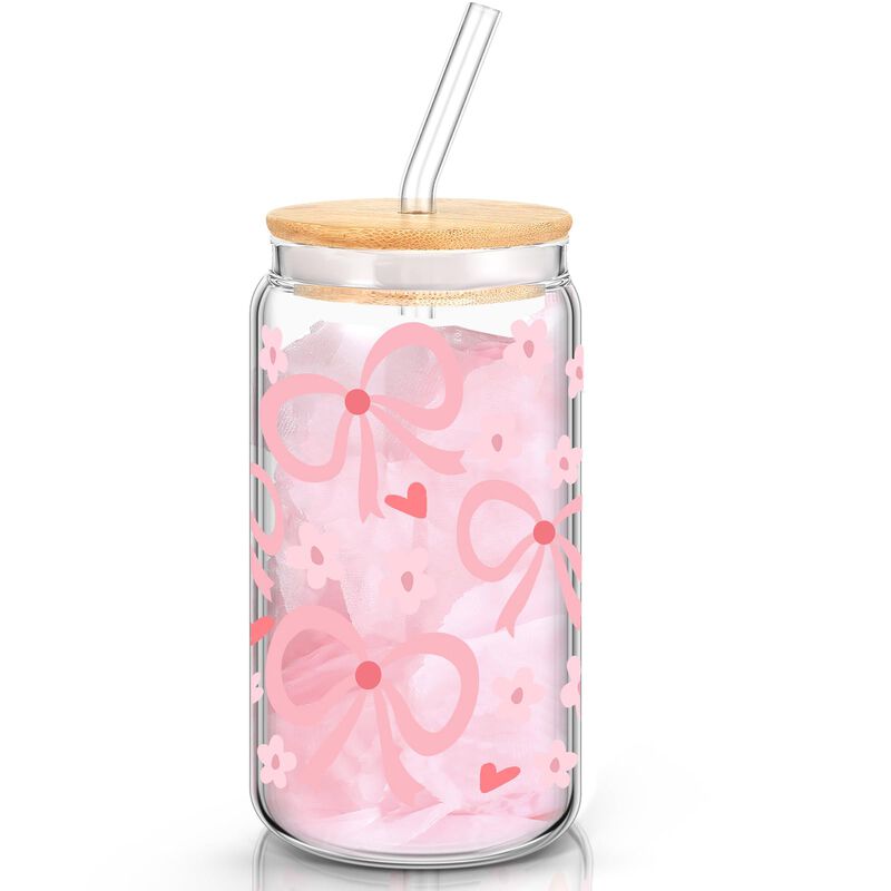 Vaso De Vidrio Hoolerry 473 ml Rosa Con Lazo, T... image number null