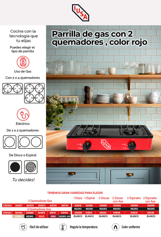 Parrilla de gas con 2 quemadores IUSA, color ro... image number null