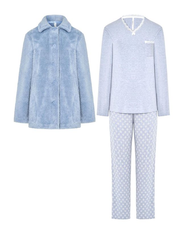 Conjunto de Pijama y Bata con Estampado de Hoja... image number null