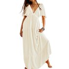 Vestido Maxi Beige Kikibell con Escote en V y Mangas Acampanadas
