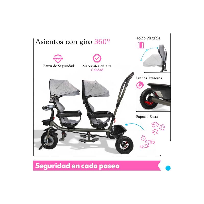 Triciclo Para Ni&ntilde;os Gemelar Doble Tek-2029 Gira... image number null