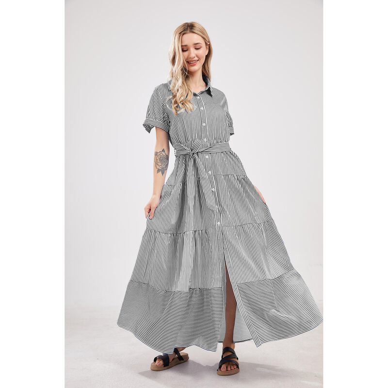 Vestido Utcoco Mediano Negro Rayas Botones Cint... image number null