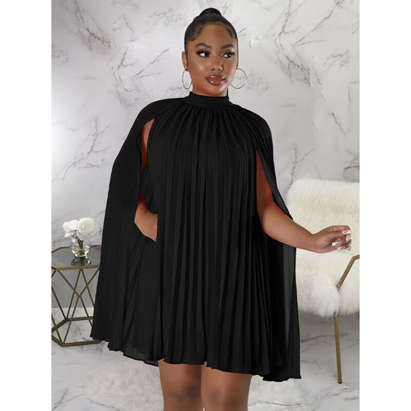 Vestido Ekaliy Corto Negro Mangas Capa Pliegues image number null