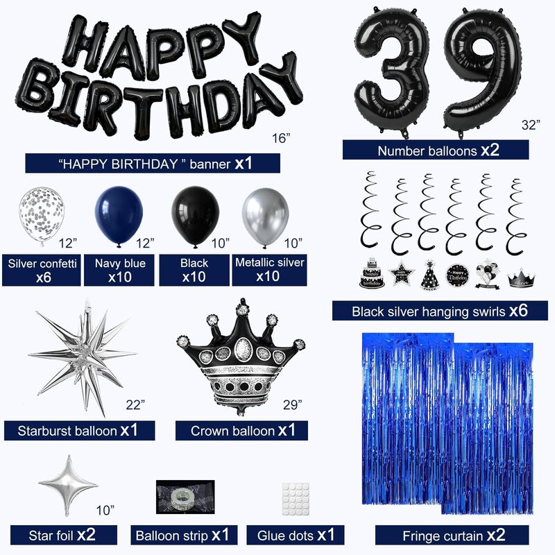 Rbyoo 39&deg; Decoraci&oacute;n De Cumplea&ntilde;os Negro/azul image number null