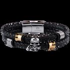 Pulsera de Calavera para Hombre. Acero Inoxidable con Baño de Oro 18k y Color Plata, Brazalete de Cuero Piel Vegana y Broche Magnético - Modelo Mason