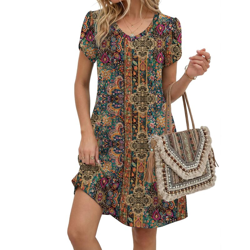 Vestido Boho Zeagoo Estampado Tropical Marr&oacute;n image number null