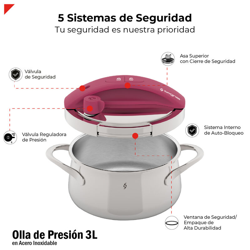 Olla de Presi&oacute;n 3 Litros Acero Inoxidable 304 B... image number null