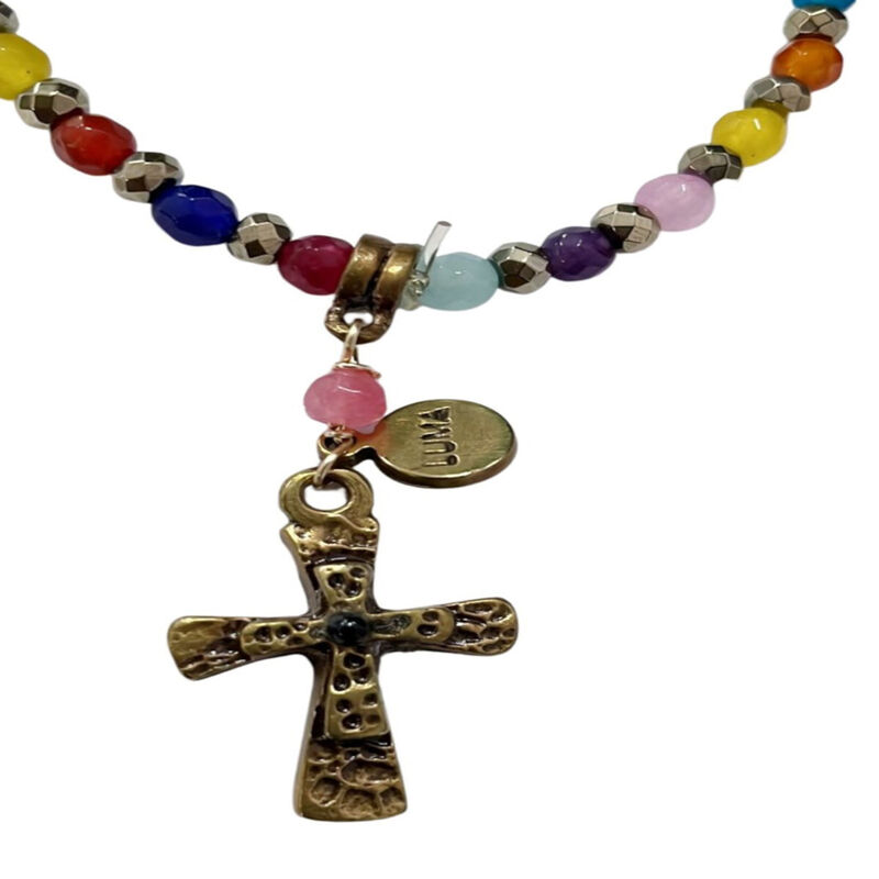 Pulsera De Colores &Aacute;gatas Con Dije Cruz Hilo El... image number null