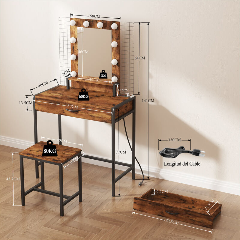 Tocador Maquillaje con Espejo LED y Banco image number null