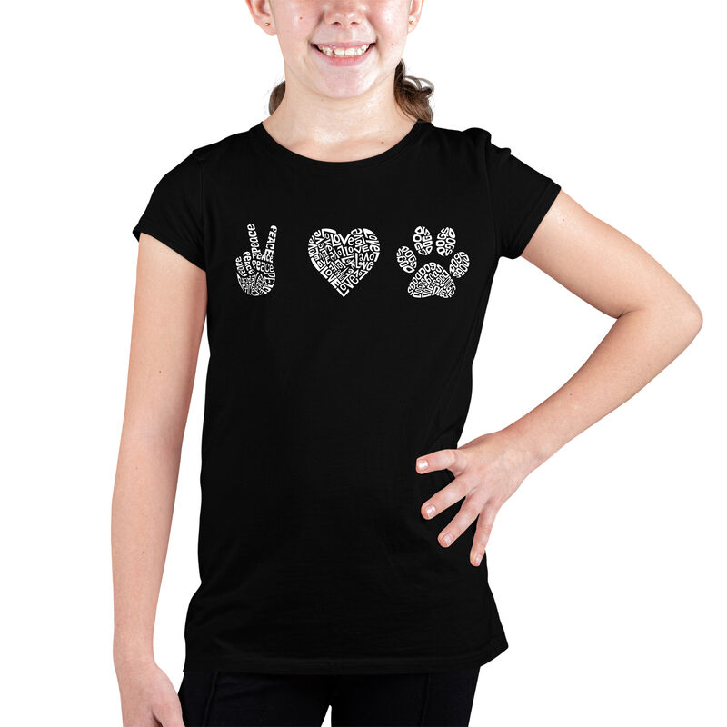 Camiseta Word Art Para Ni&ntilde;a - Paz Amor Perros -... image number null