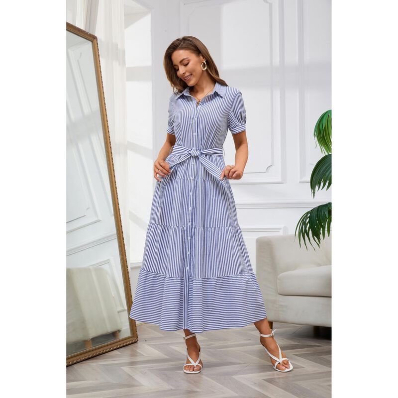 Vestido Utcoco Xs Azul Rayado Con Botones Y Cin... image number null