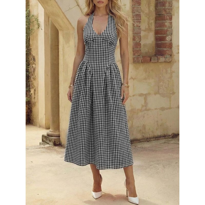 Vestido Maxi Cuadros Wenrine Escote Halter Cint... image number null