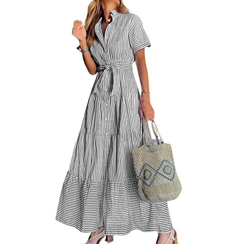 Vestido Utcoco Mediano Negro Rayas Botones Cint... image number null