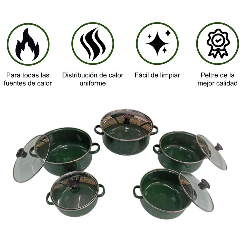 Juego de ollas verde de Peltre con tapa 10 pz I... image number null