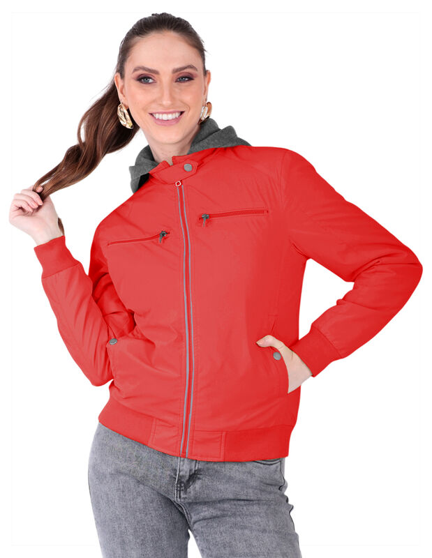 Chamarra Boomber Mujer Cuello Redondo Con Gorro image number null