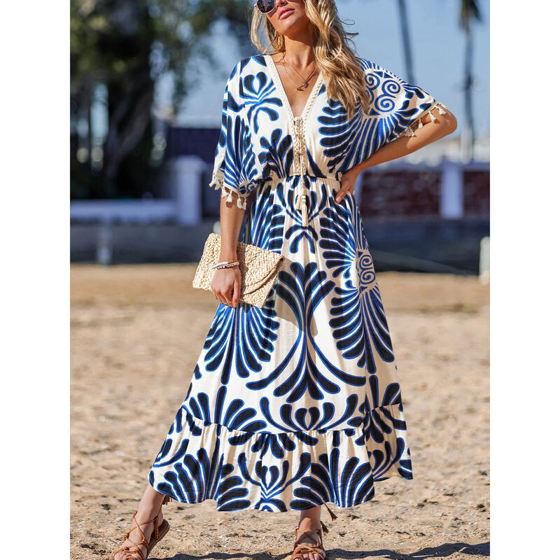 Vestido Maxi Cupshe Azul con Escote en V, Manga... image number null