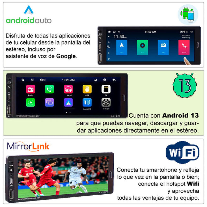 Autoestéreo Vak 3558 1 Din 6.8" Android Carplay... image number null