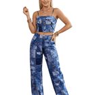 Conjunto De Mujer 2 Piezas Top Y Pantal&oacute;n Conj-0162 Azul Set Casual Estampado Patchwork Tipo Denim