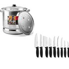 Combo Vaporera Lamex Aluminio 30 Litros Con Tapa De Vidrio + Jgo De Cuchillos Tramontina Plenus 9 Piezas Negro End
