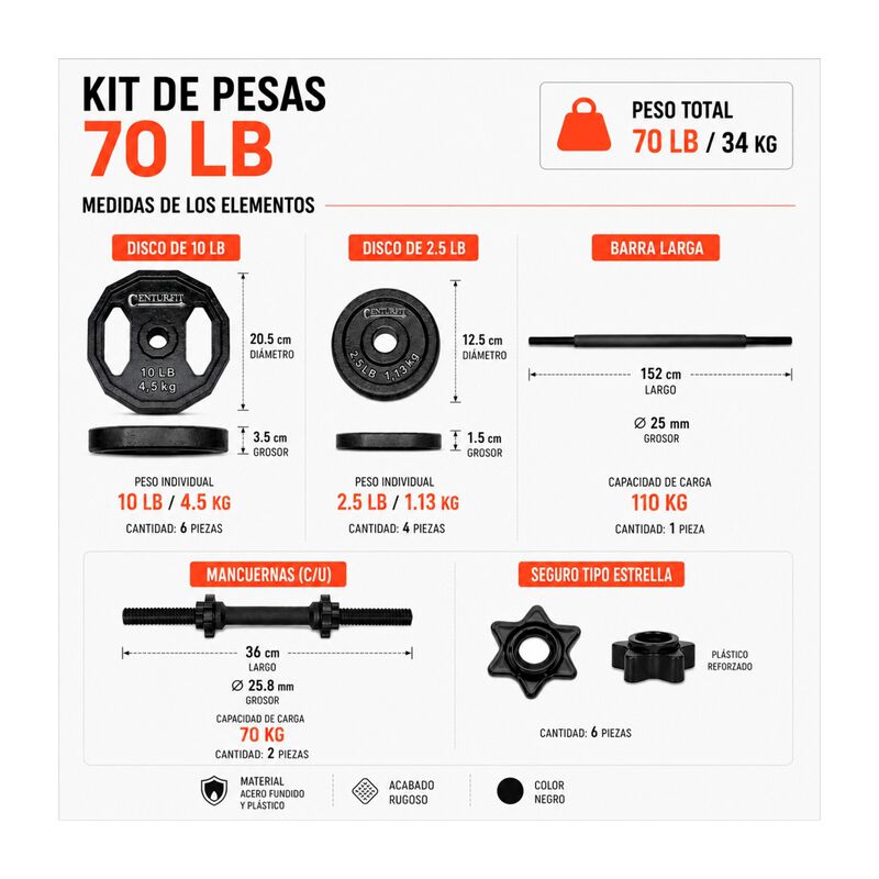 Kit de Pesas 70lbs Discos Barra Recta Par de Ma... image number null