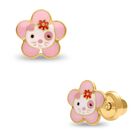Broqueles De Flor Con Imagen De Gatito En Oro Amarillo 14k Con Esmalte De Colores