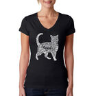 Camiseta De Cuello En V Word Art Para Mujer - Gato- Negro