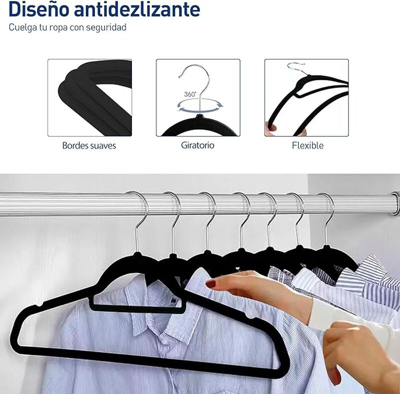 Ganchos de Terciopelo Negro para Ropa (50 pieza... image number null