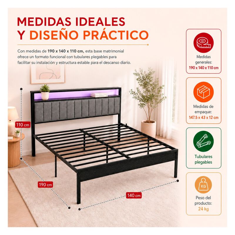 Base Cama Matrimonial Led Usb C Repisas Cabecer... image number null