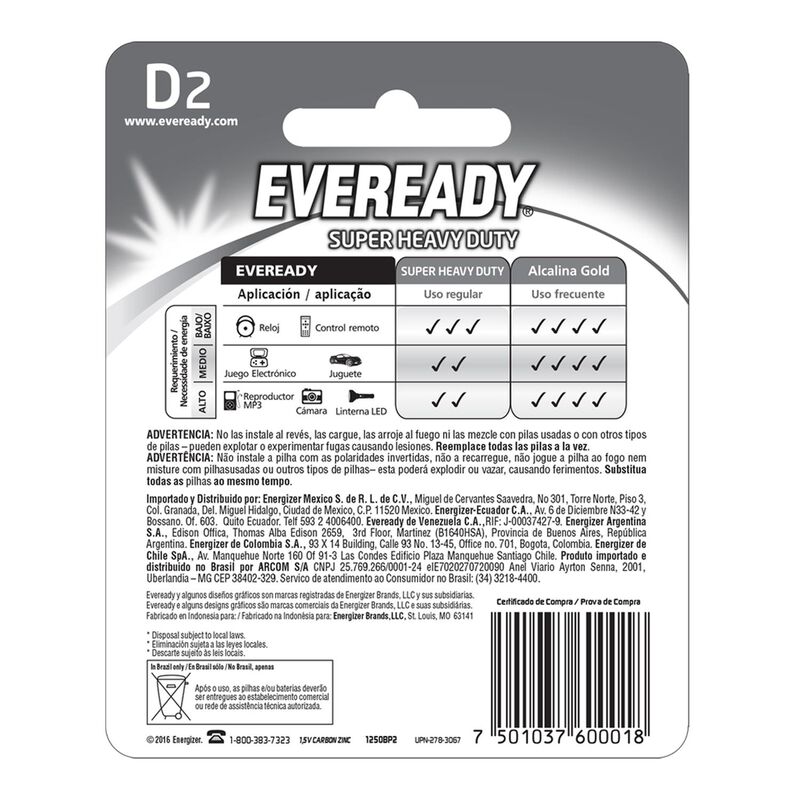 Pila Eveready Carb&oacute;n Zinc D Blister 2 Unidades image number null